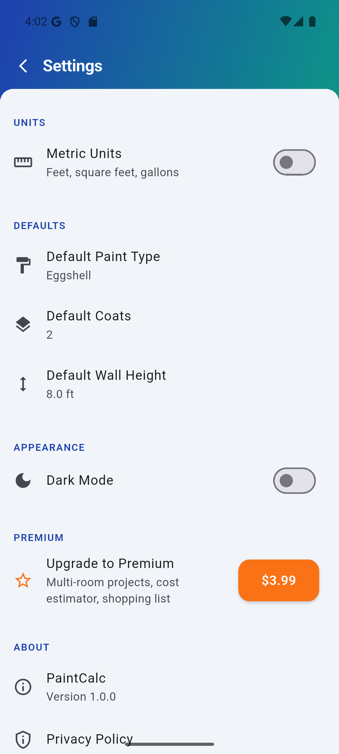 PaintCalc settings screen