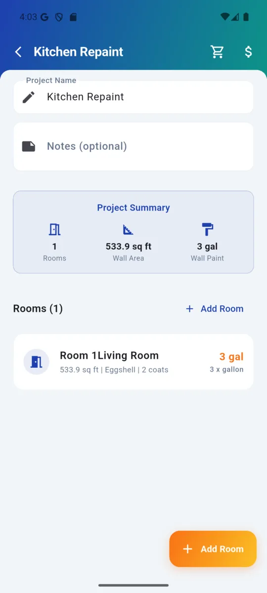 A PaintCalc project called Kitchen Repaint showing a summary of 1 room, 533.9 square feet of wall area and 3 gallons of wall paint, above the room card
