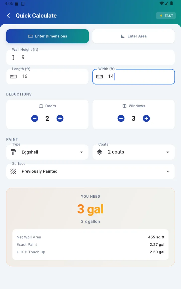 PaintCalc Quick Calculate on a tablet: dimensions, door and window counts, paint type and coats side by side, with the result reading you need 3 gallons