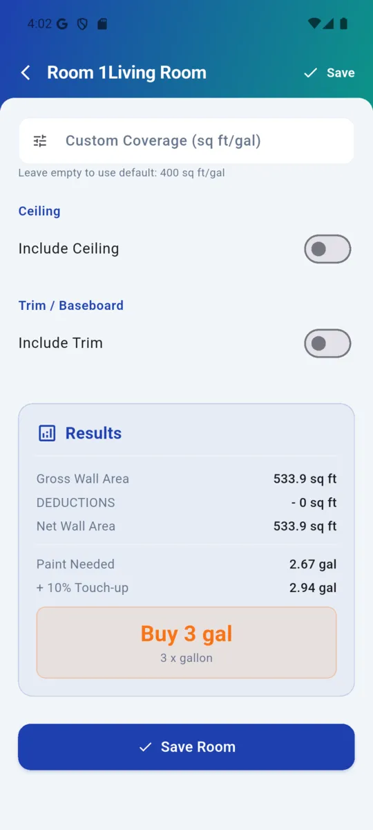 PaintCalc room results: gross wall area 533.9 square feet, deductions, net wall area, paint needed 2.67 gallons, 2.94 gallons with a 10 percent touch-up allowance, and a recommendation to buy 3 gallons
