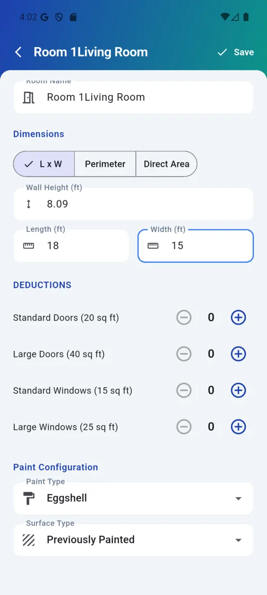 The PaintCalc room screen: length, width and wall height at the top, then stepper rows for standard doors, large doors, standard windows and large windows, then paint type eggshell over previously painted