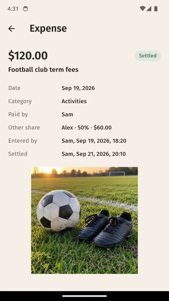 One expense: who paid, the other share, when it was entered and when it was settled.