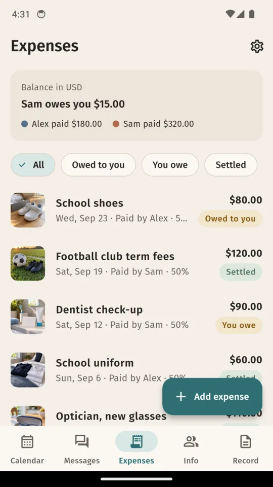 Expenses: the balance between the parents, with receipts and what is owed or settled.