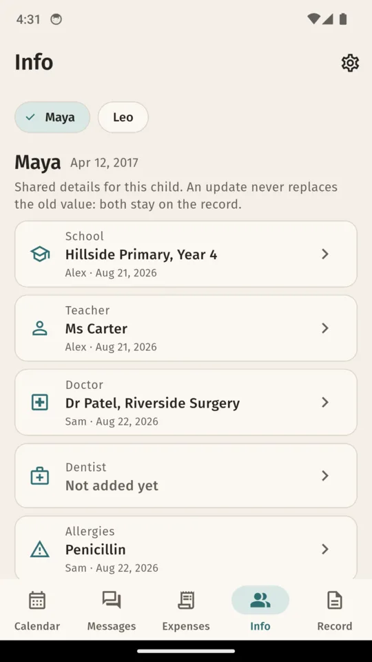 Info: school, teacher, doctor and allergies for one child.