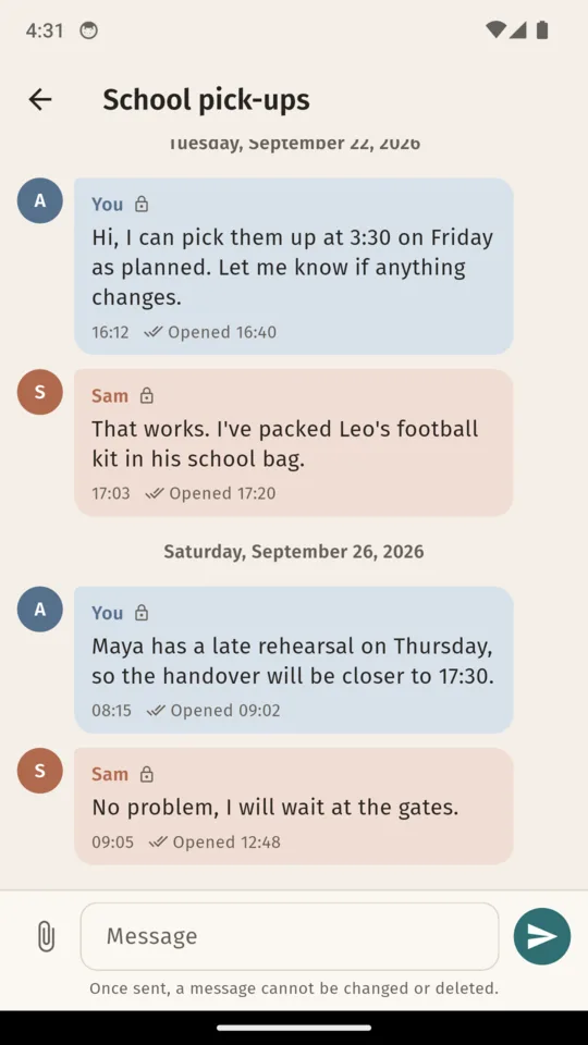 A topic: school pick-ups, with each message’s sent and opened times.