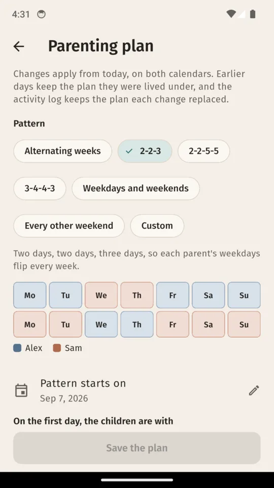 Parenting plan: pick a pattern such as 2-2-3 and see the two weeks it makes.