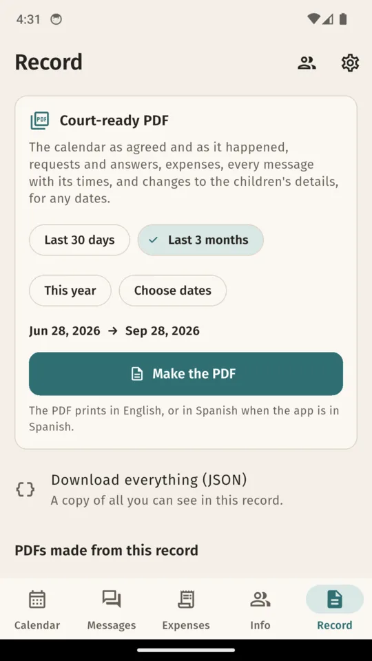 Record: pick the dates and make the PDF, or download everything as JSON.