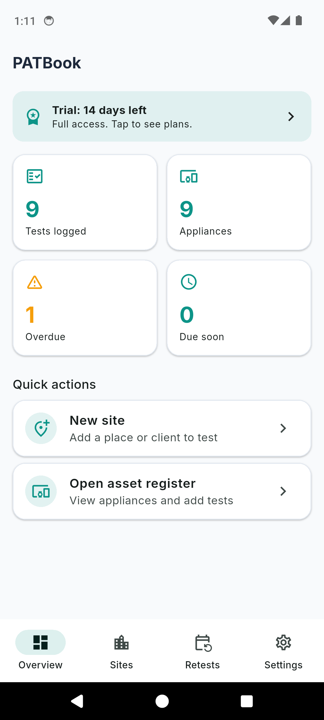 PATBook overview dashboard showing tests logged, appliances, overdue and due-soon counts