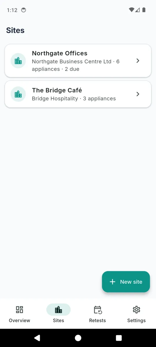 The PATBook sites list showing Northgate Offices with six appliances and two due, and The Bridge Cafe with three appliances