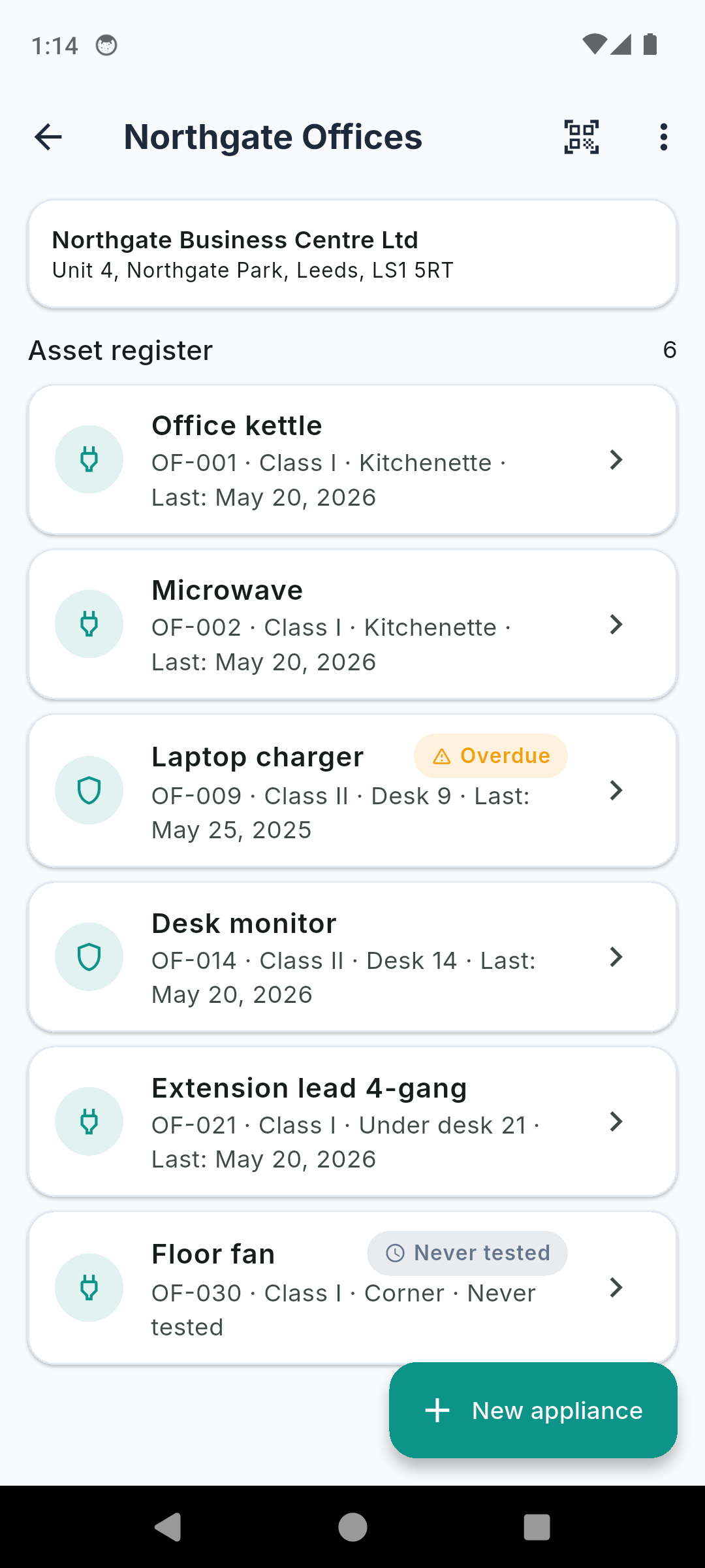 PATBook asset register for a site listing appliances with class, location and overdue flags