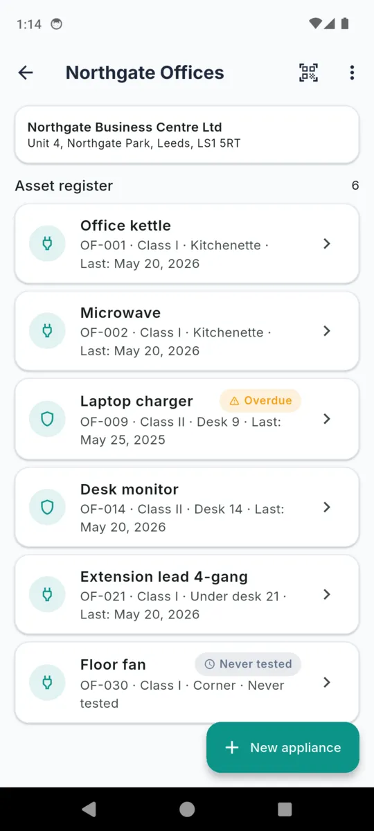 The asset register for Northgate Offices listing an office kettle, microwave, laptop charger, desk monitor, extension lead and floor fan with asset IDs, class and last test date