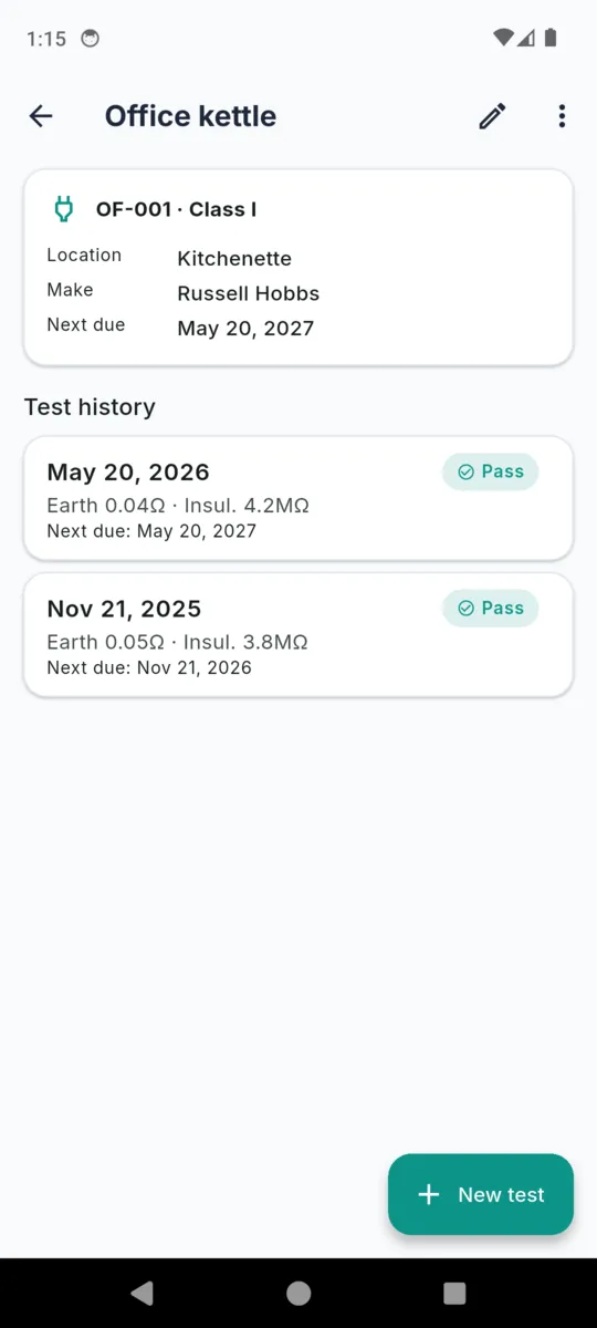 The PATBook appliance detail for asset OF-001, an office kettle, showing location, make, next due date and a test history of two passes with their earth and insulation readings