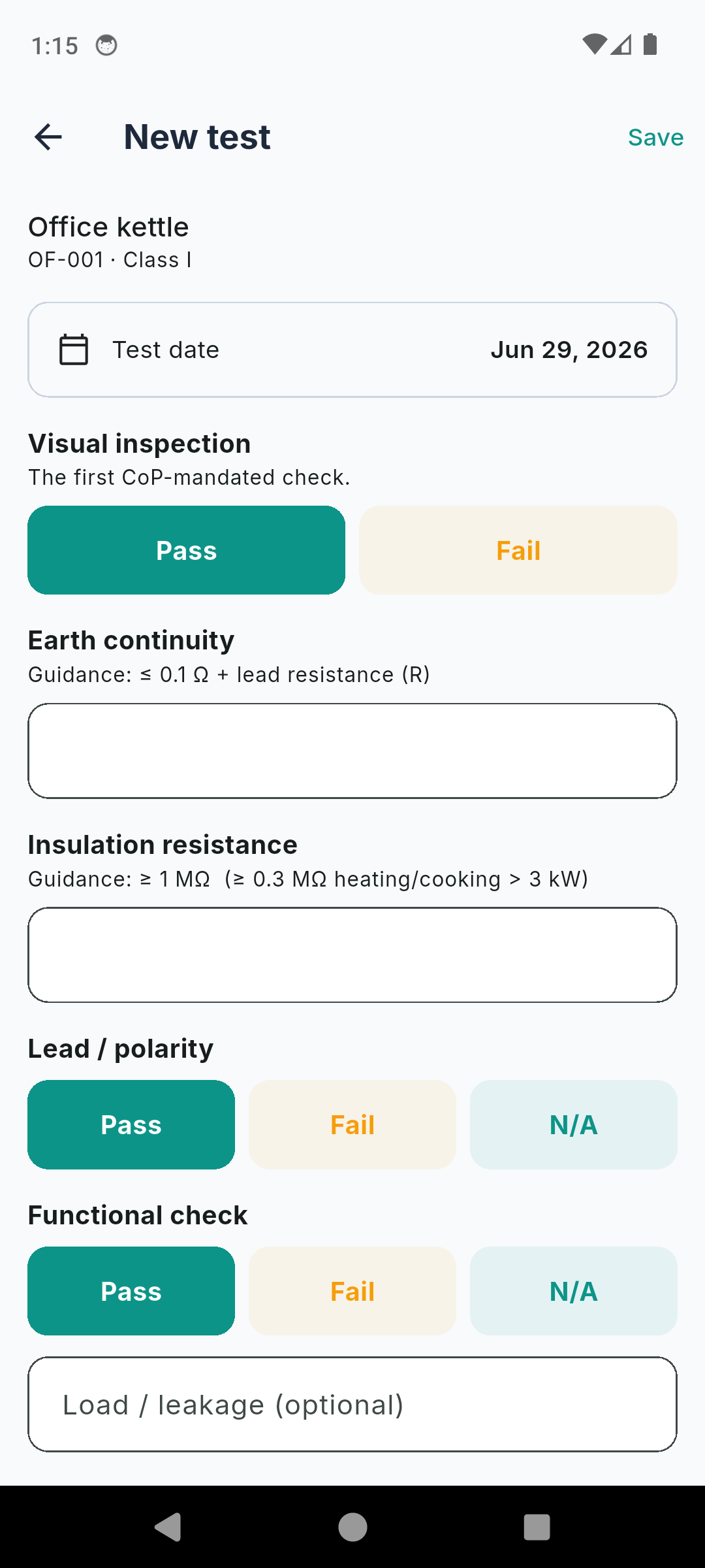 PATBook PAT test record form with visual inspection, earth continuity, insulation resistance and pass-limit guidance