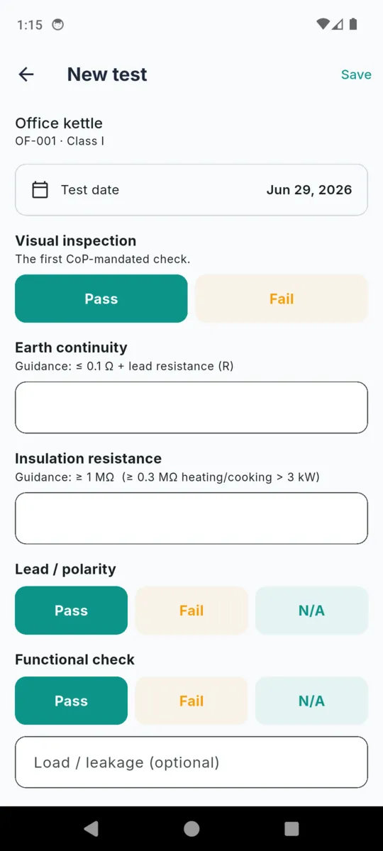 The PATBook new test form with visual inspection, earth continuity, insulation resistance, lead polarity and functional check fields, each showing its guidance figure
