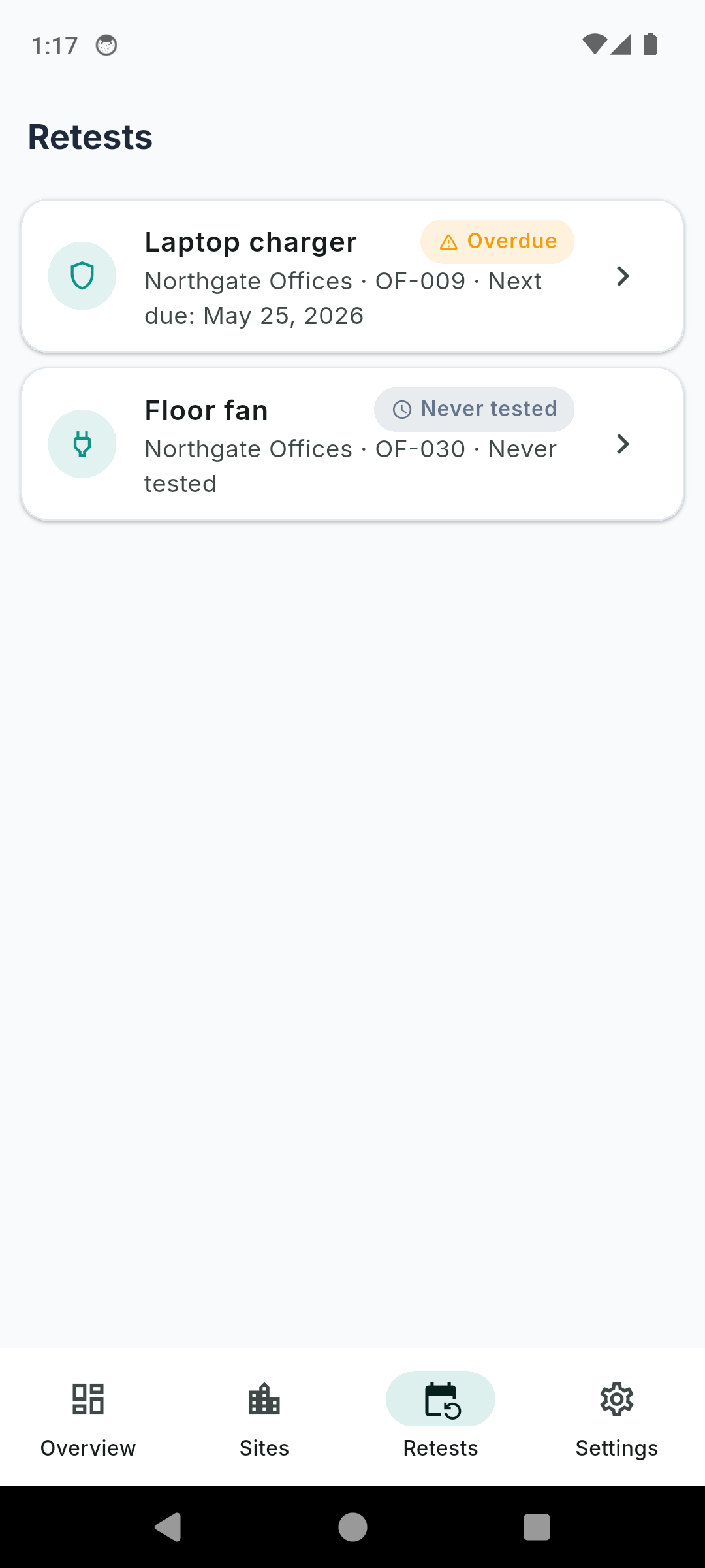 PATBook retests view listing appliances overdue or due soon across all sites