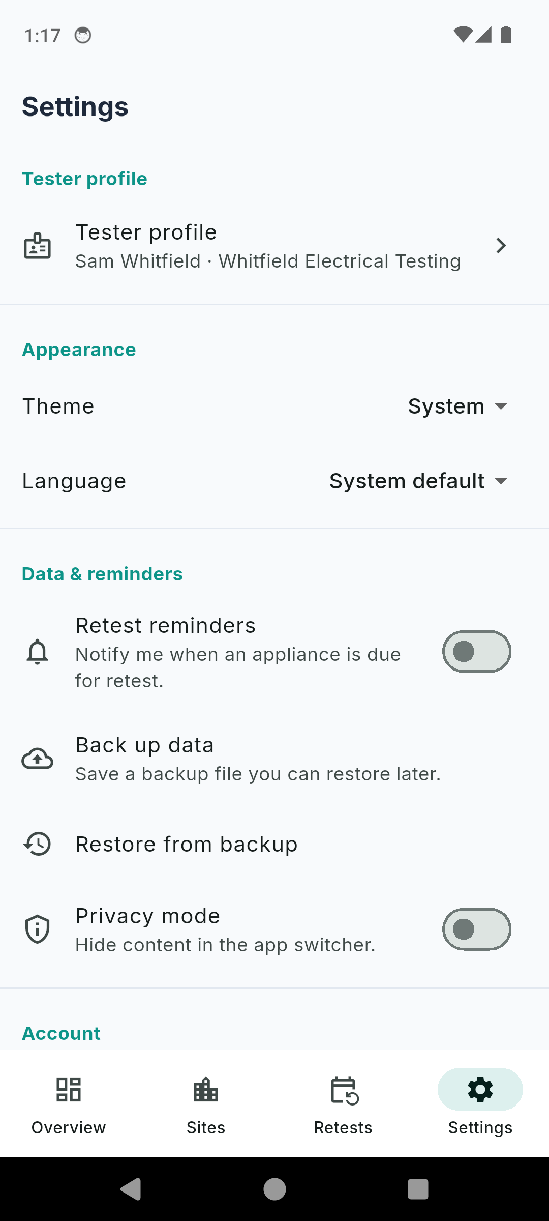 PATBook settings with tester profile, theme, language and reminders