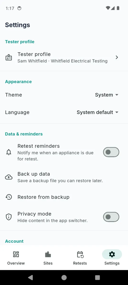 PATBook settings showing tester profile, theme, language, retest reminders, back up data, restore from backup and privacy mode