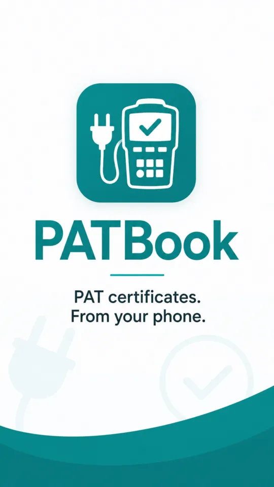 The PATBook launch screen: the app icon of a PAT tester and plug above the wordmark and the line PAT certificates. From your phone.