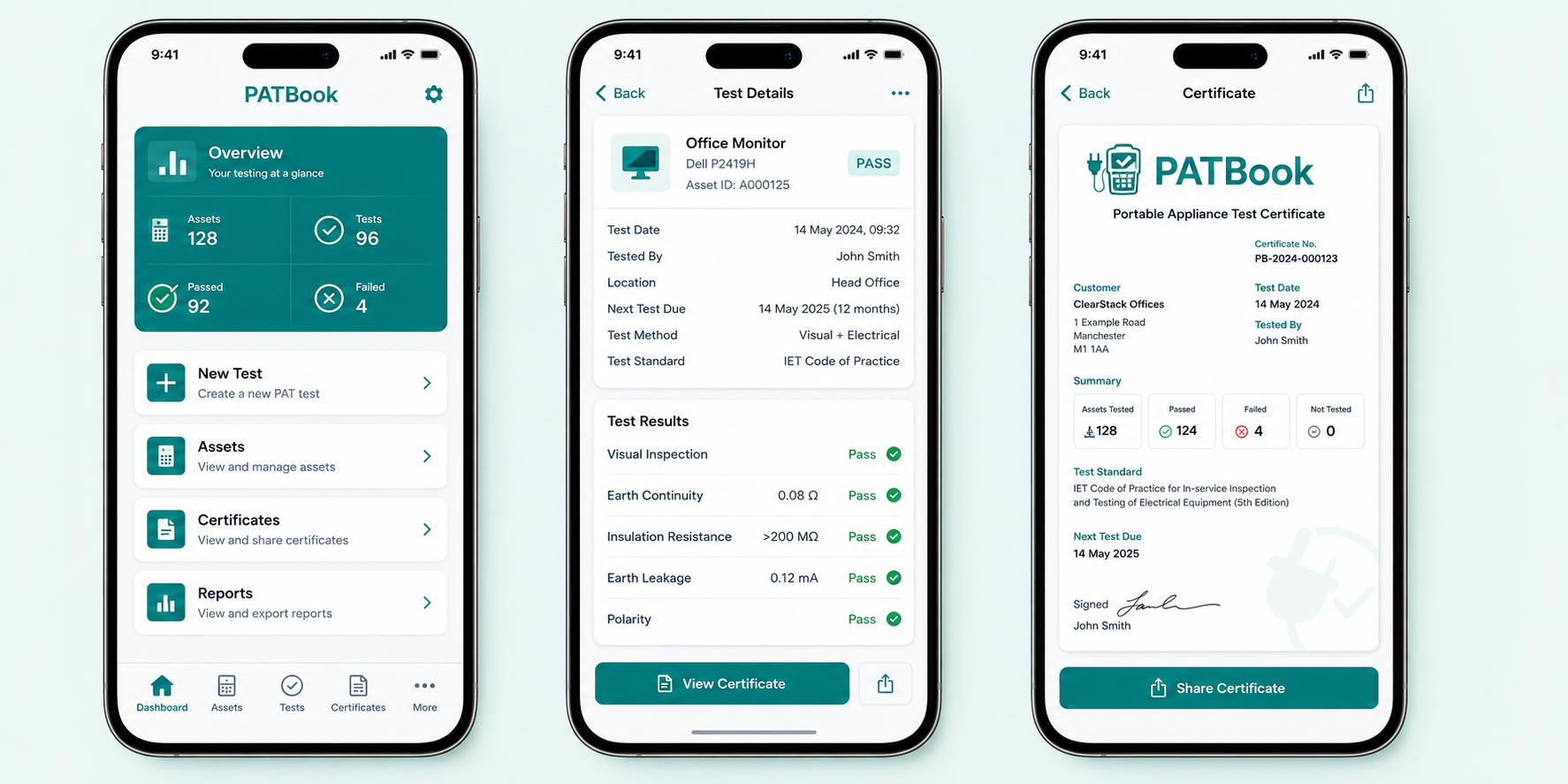 PATBook overview, test record with PASS result, and PAT certificate screens