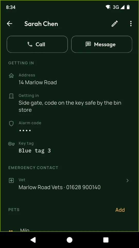 A client card with the address, how to get in, a covered alarm code, the key tag, the emergency contact and the vet