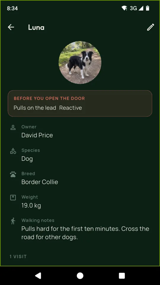 A pet record showing breed, date of birth, weight, medication as the owner gave it, feeding and walking notes, and warning flags