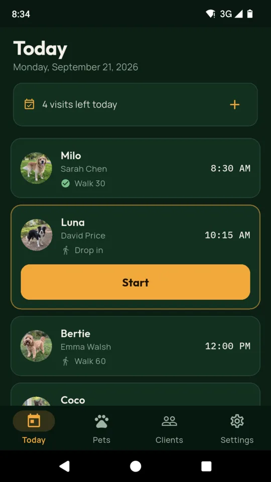 The PawVisit Today screen for Monday, September 21: Milo walked at 8:30, Luna due at 10:15 with a Start button, then Bertie and Coco later in the day