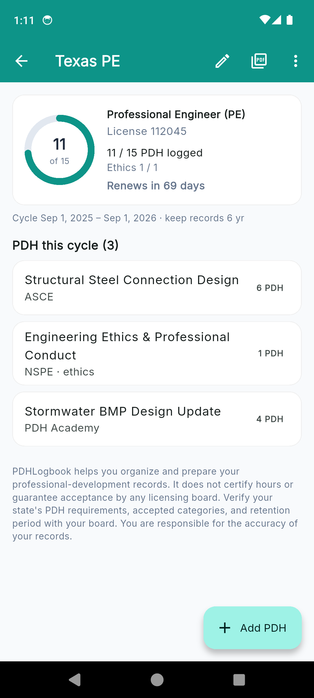 PDHLogbook license detail showing the renewal-cycle progress ring, ethics hours, cycle dates and the PDH entries logged this cycle