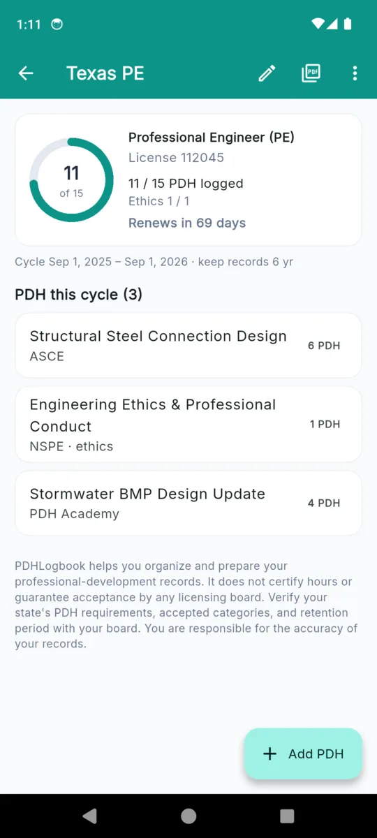 A licence detail screen in PDHLogbook showing the cycle progress ring, hours logged, the ethics sub-count, the cycle dates with a records-retention note, and the activities logged in this cycle