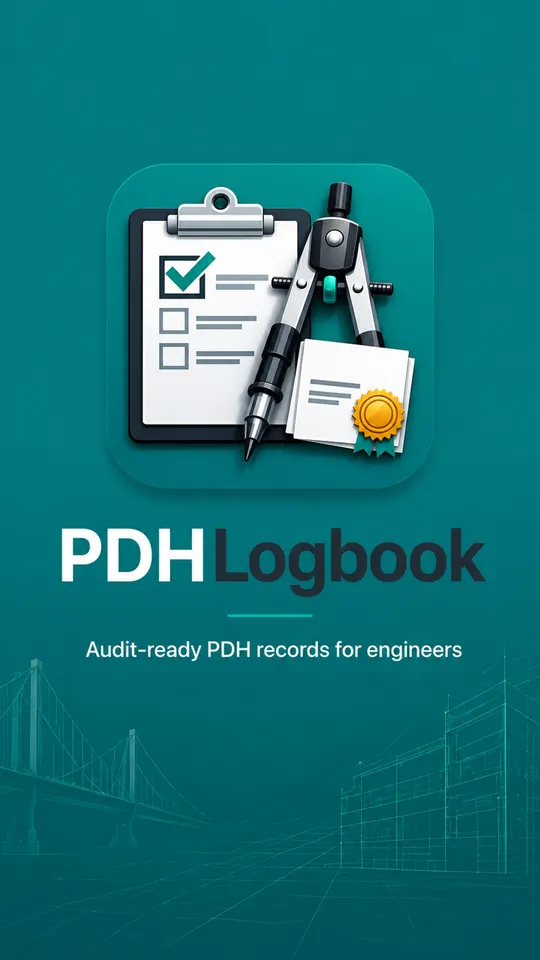 The PDHLogbook launch screen: a clipboard, pen and drafting compass above the wordmark and the line Audit-ready PDH records for engineers