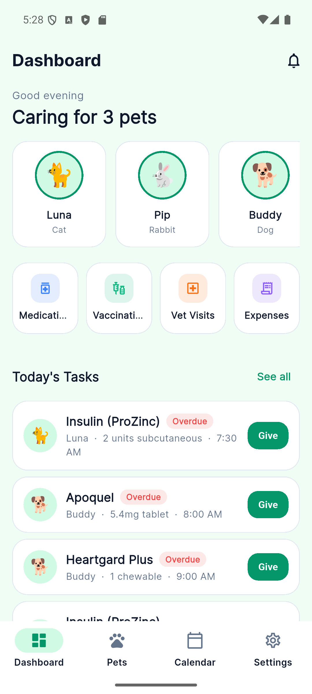 PetCare dashboard with multi-pet card scroll and today's medication tasks