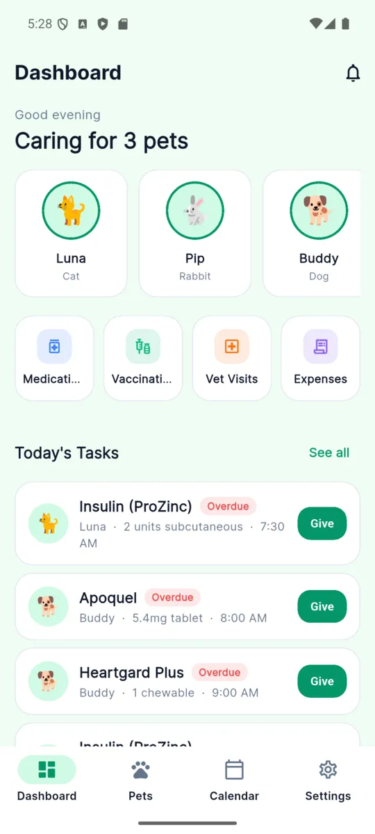 The PetCare dashboard: three pet avatars, then Today's Tasks listing Insulin for Luna and Apoquel for Buddy, each with an Overdue chip and a Give button
