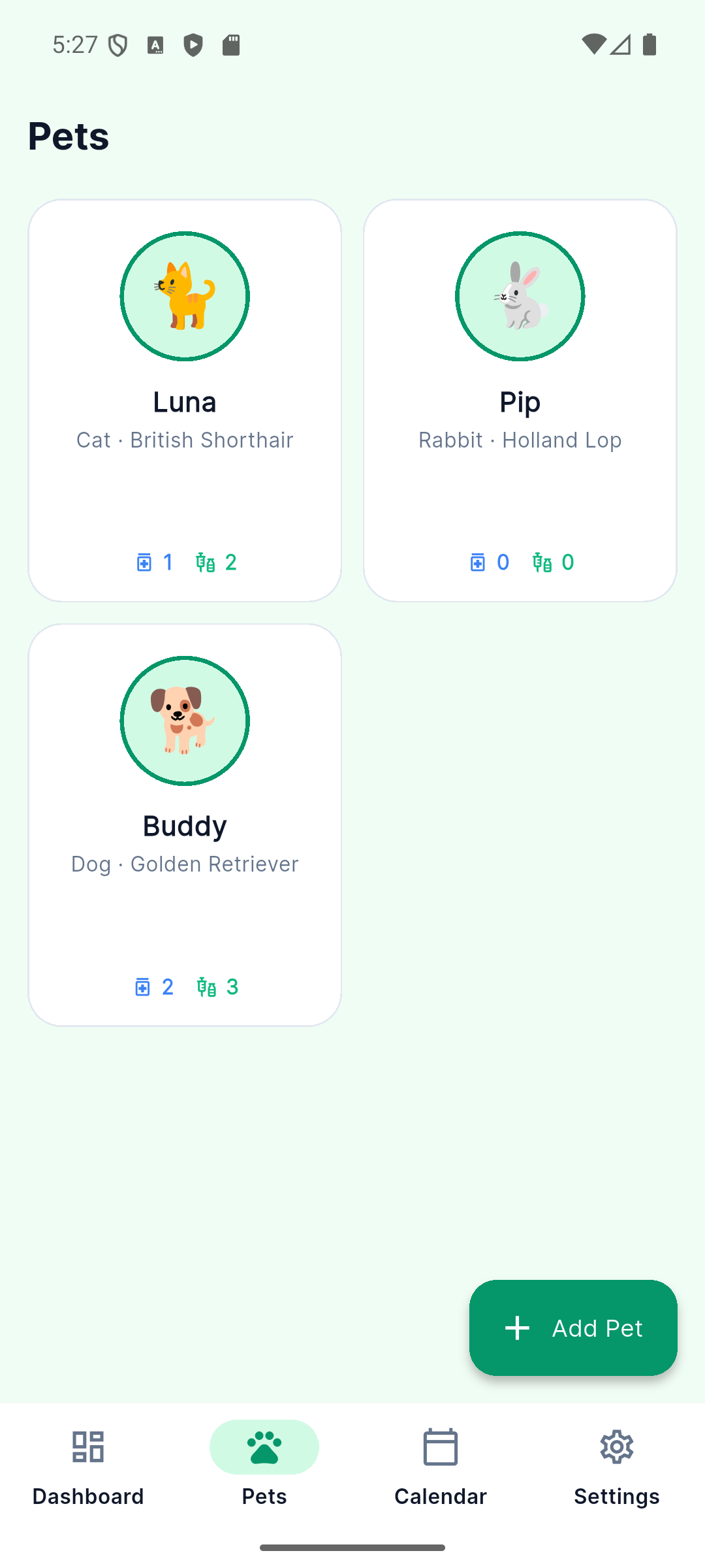 PetCare pets list with photos and stat chips