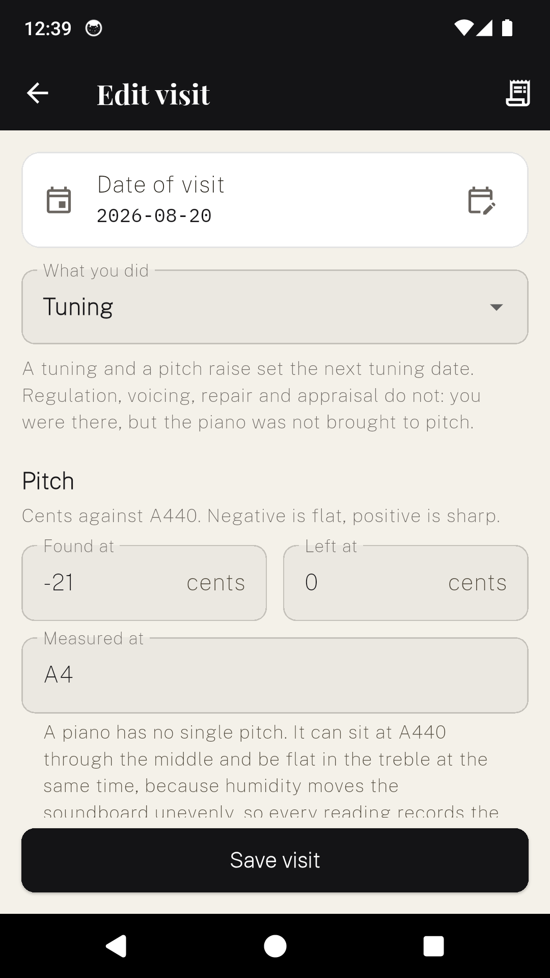 A PianoDesk visit form recording the pitch found and left in cents, with a field for the note it was measured at.