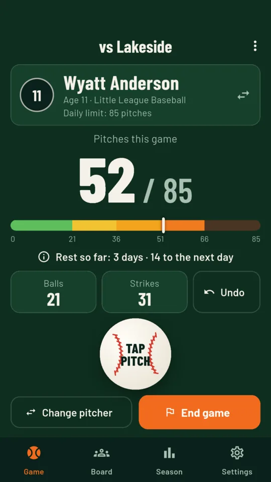 Counter: 52 of 85 pitches, the rest bar, balls and strikes, and the big pitch button