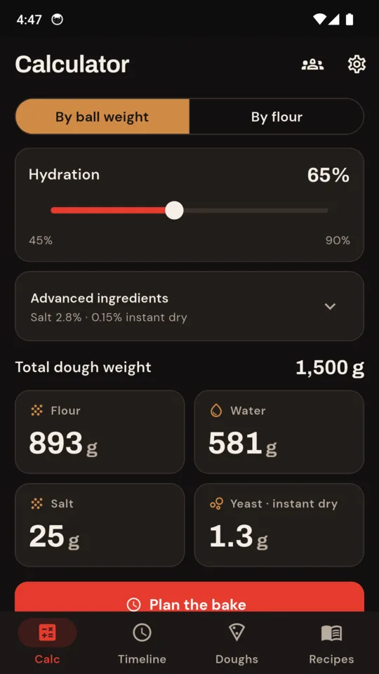 Calculator: six balls of 250 g at 65%, flour 893 g, water 581 g