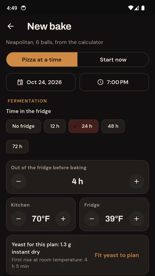New bake: 24 hours in the fridge, kitchen and fridge temperatures, yeast for the plan.