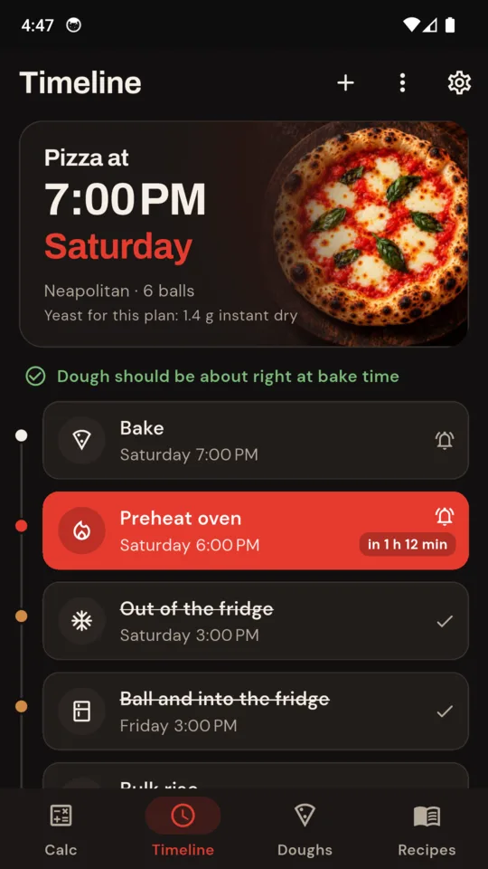 Timeline: pizza at 7:00 pm Saturday, preheat next
