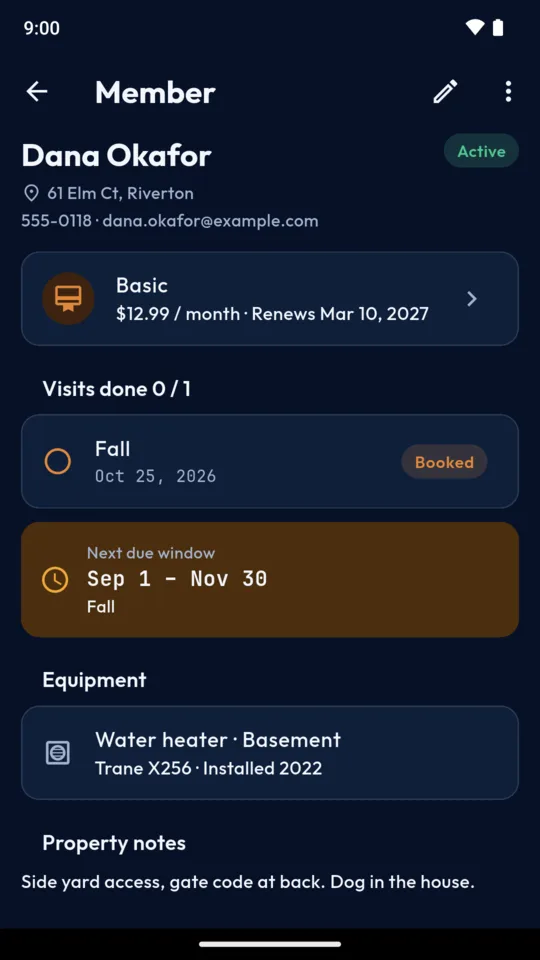 A member: the Basic plan renewing March 10, one visit booked and a water heater on file