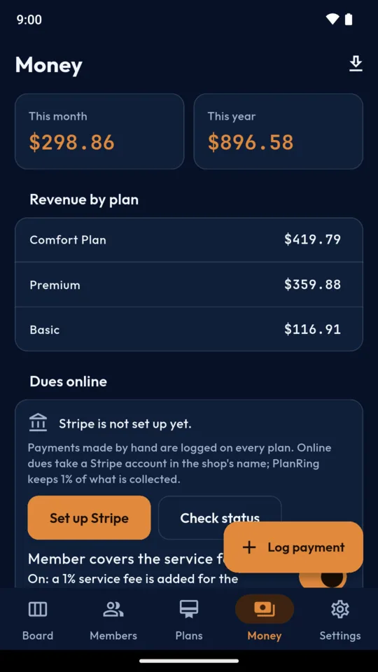 Money: this month and this year, revenue by plan, and the Stripe setup card.