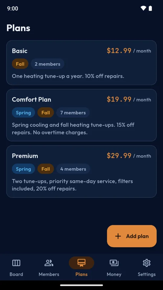 Plans: Basic, Comfort Plan and Premium with their price, seasons and member counts.