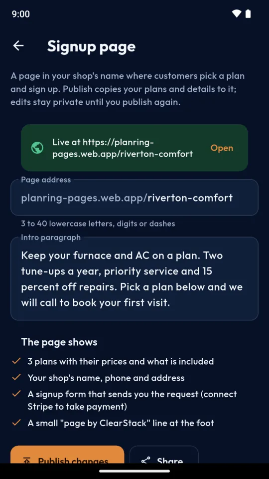 Signup page: your shop’s PlanRing page, with its introduction and plans.