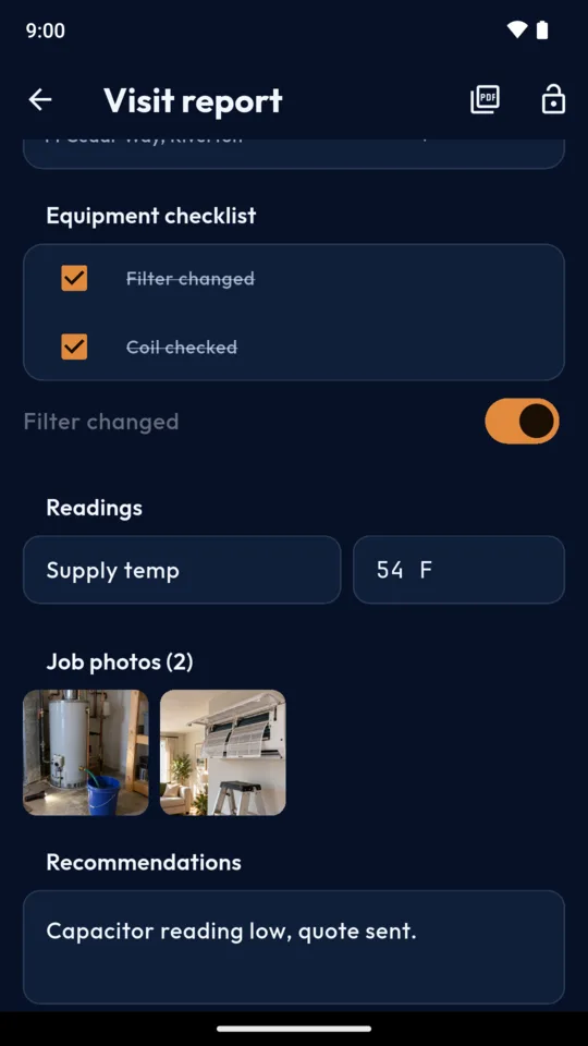 Visit report: the checklist ticked, a reading, two job photos and the recommendation.