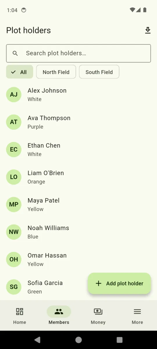 The PlotKeeper plot holder list with a search box, filter chips for All, North Field and South Field, and eight demo holders