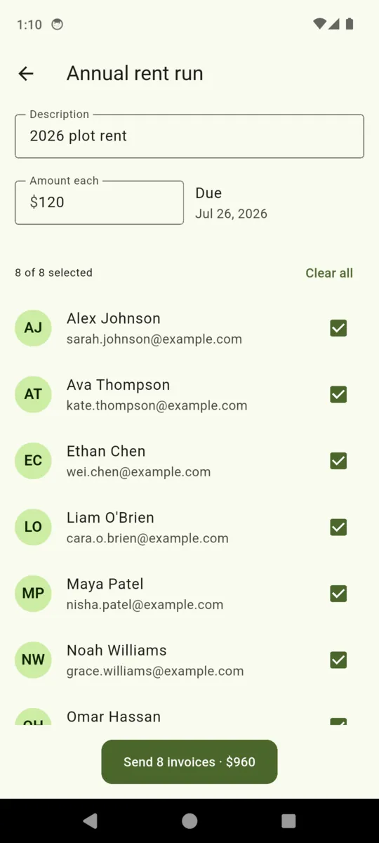 The Annual rent run screen in PlotKeeper: description 2026 plot rent, $120 each, due 26 July, all eight holders ticked, and a button reading Send 8 invoices for $960