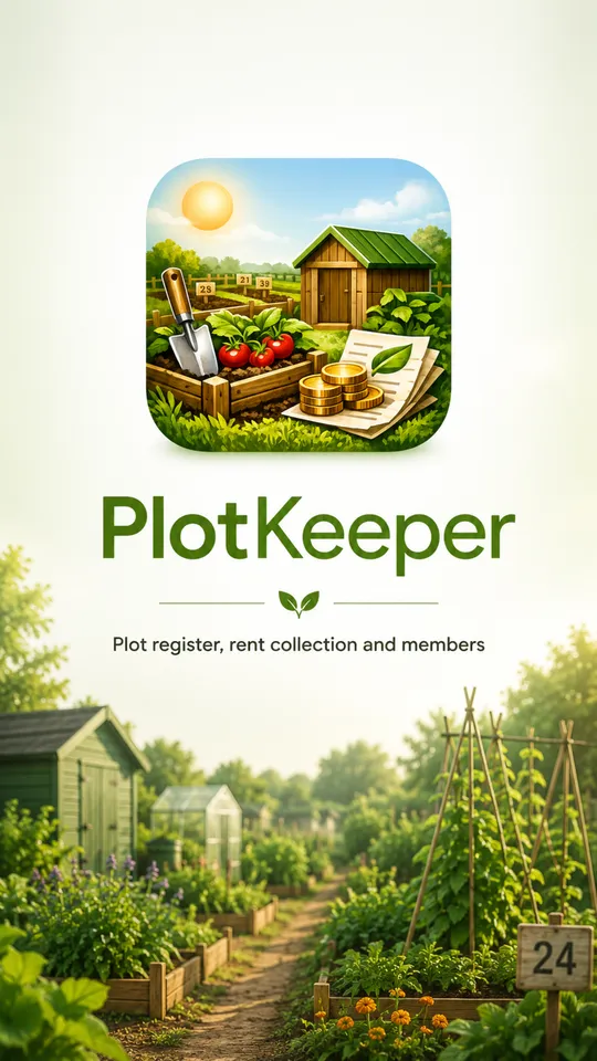 The PlotKeeper launch screen: the app icon above the wordmark and the line Plot register, rent collection and members, over a photograph of raised beds
