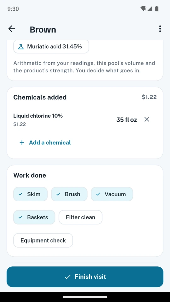 Chemicals added, costed at $1.22, and the work done ticked: skim, brush, vacuum and baskets.