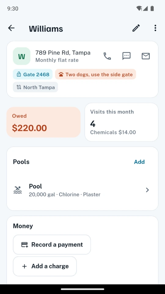 A customer's page: the gate code, a note to use the side gate for the two dogs, $220 owed and a 20,000-gallon chlorine pool.