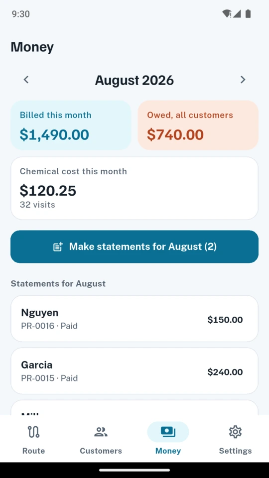 Money for August: $1,490 billed, $740 owed, $120.25 of chemicals over 32 visits, and the button that makes every statement.