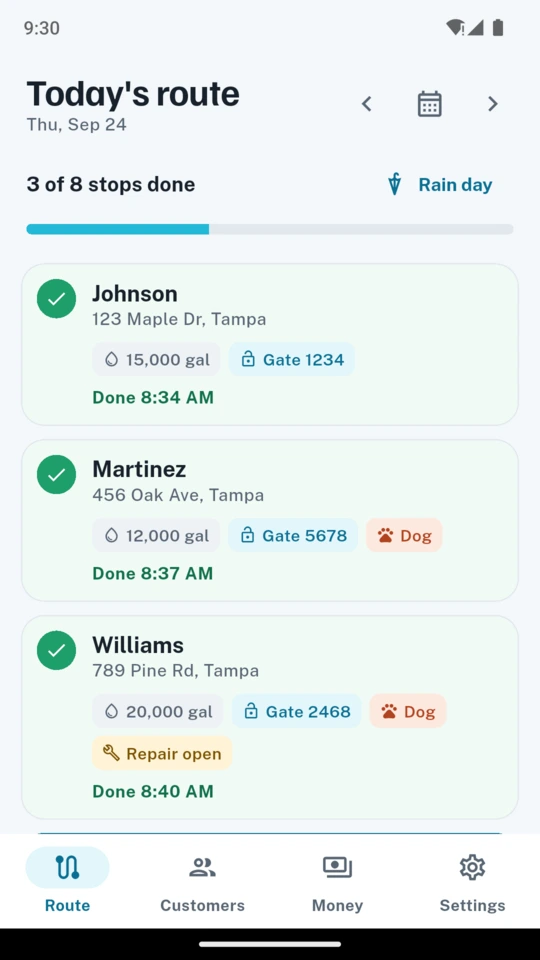 Today's route with its stops in driving order, three of eight done