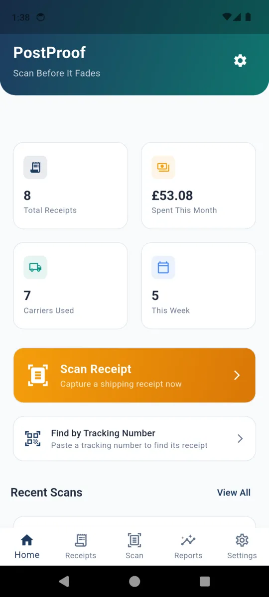 The PostProof home screen with tiles for total receipts, spend this month, carriers used and receipts this week, above a Scan Receipt button